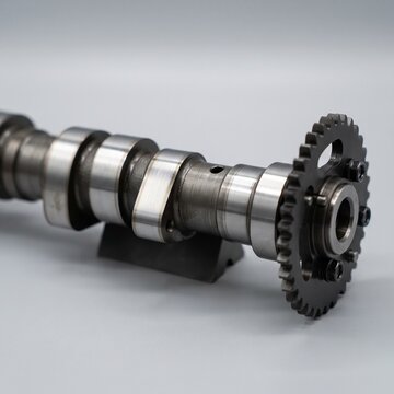Steel engine camshaft assembly with timing sprocket component isolated studio shot