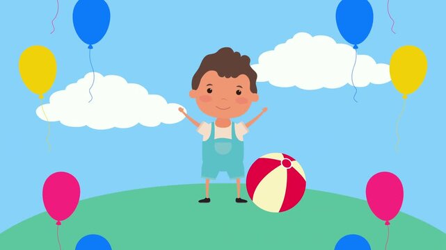Little boy playing with beach ball and balloons in cartoon nature landscape animation with blue sky background.