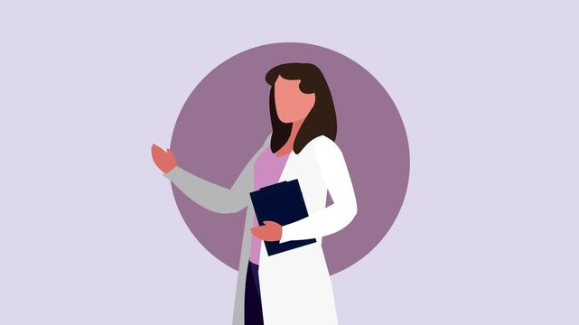 Female doctor character professional standing in clinic motion animation with white lab coat holding medical folder.