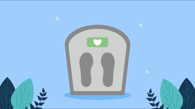 A dynamic animation of a weight scale with a heart icon on display for healthy lifestyle and fitness tracking.