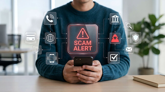 Man using mobile phone with digital scam alert hologram and security icons