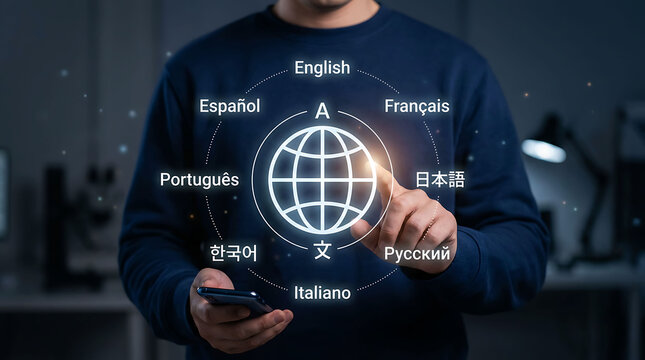 Man using translation app on smartphone with digital language globe interface