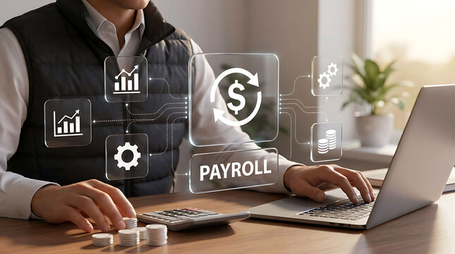 Man using laptop with digital payroll and finance interface graphics in office