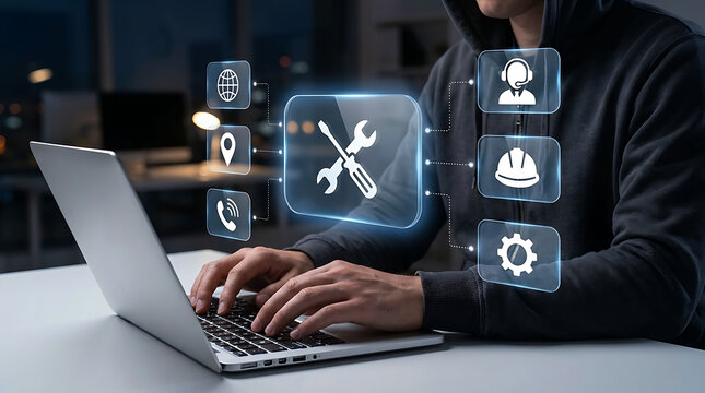 IT professional fixing computer issues with glowing interface icons at night