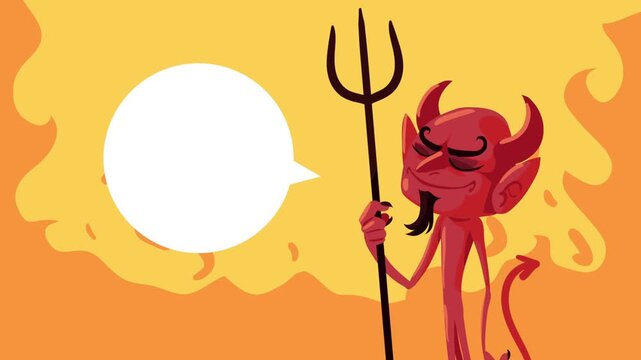 Cartoon red mythical character with pitchfork and speech bubble animation in fiery hellish background for comic storytelling.