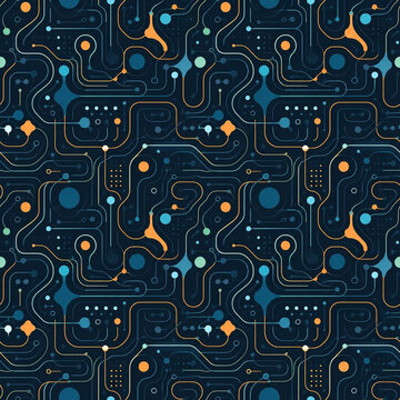 Seamless abstract pattern of a digital circuit board with glowing lines and nodes.
