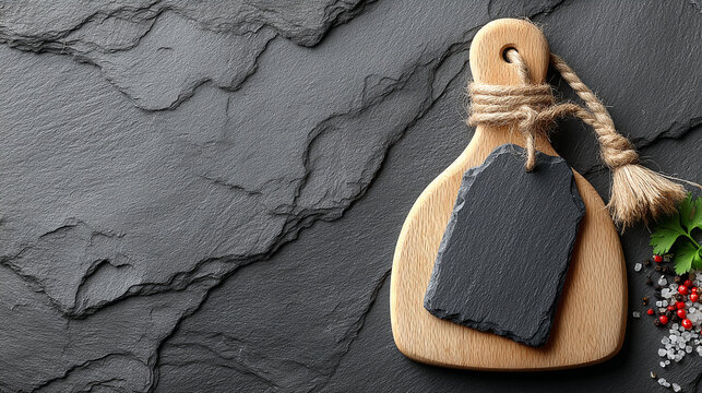 Wooden cutting board with slate sign on dark stone texture background