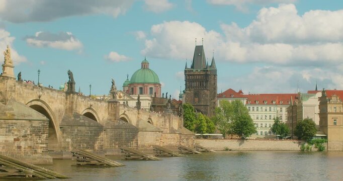 Charles Bridge and Prague skyline reveal iconic Czech heritage beside the Vltava River