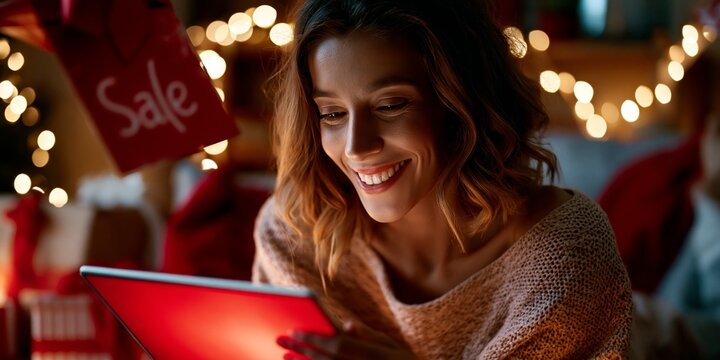 A smiling woman in a cozy sweater browses a tablet during holiday season, surrounded by festive lights and red sale bags, capturing warmth and online shopping joy.