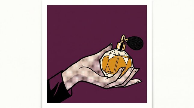 Hand holding vintage perfume bottle in pop art comic book style illustration
