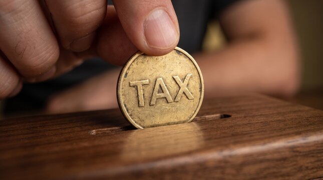 Close up of a person dropping a vintage golden coin with the word 'TAX' embossed on it into a slot on a wooden box, tax payment and financial concept