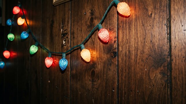 Colorful Christmas string lights hanging against a rustic dark wooden wall background