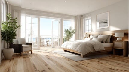 Fototapeta premium Modern bright bedroom with wooden accents and large windows