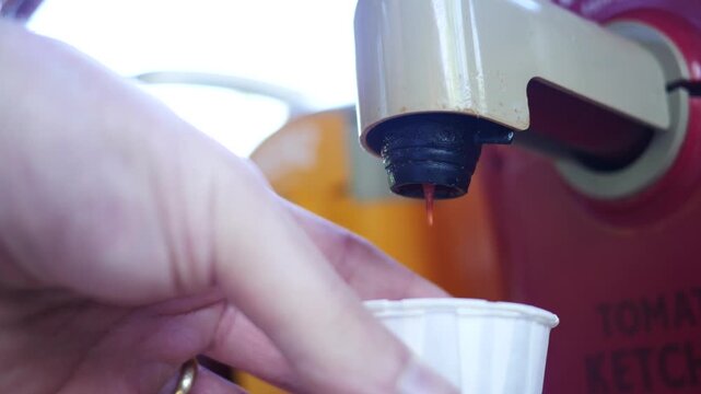 Dispenser Series - Man Uses Buffet Dispenser of Ketchup at Restaurant