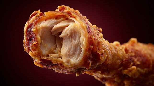 Ultra slow-motion cinematic food commercial shot. Realistic Korean fried chicken drumstick made from size-10 chicken. The drumstick has just been bitten once. 