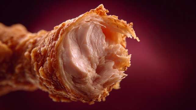 Ultra slow-motion cinematic food commercial shot, vertical 9:16. Realistic Korean fried chicken drumstick made from size-10 chicken. The drumstick has just been bitten once. 