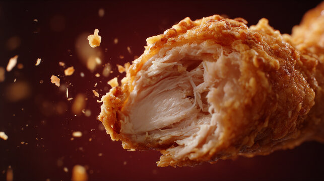 Ultra slow-motion cinematic food commercial shot, vertical 9:16. Realistic Korean fried chicken drumstick made from size-10 chicken. The drumstick has just been bitten once. 