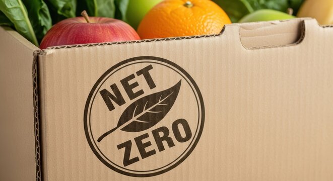Cardboard box with net zero logo surrounded by fresh organic fruit including apple orange and green leaves symbolizing sustainability and eco friendly packaging