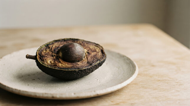 Food security challenges with half avocado on ceramic plate creating nutritious still life for mindful eating and sustainable kitchen planning
