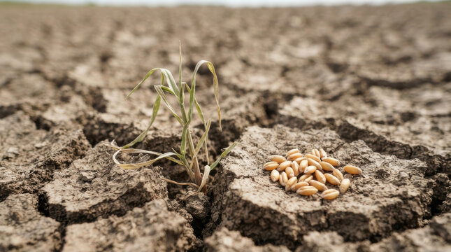 Food security challenges emerge as grain rests beside wilted seedling parched farmland, revealing drought pressure and fragile agricultural