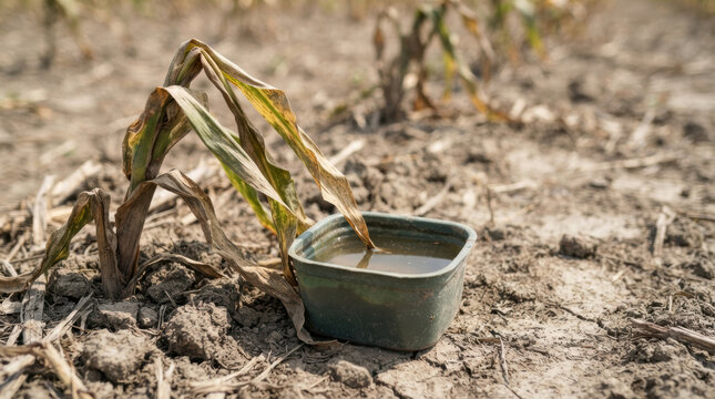 Drought food security challenges threaten crop harvest as withered plant bends beside empty bowl in dry soil