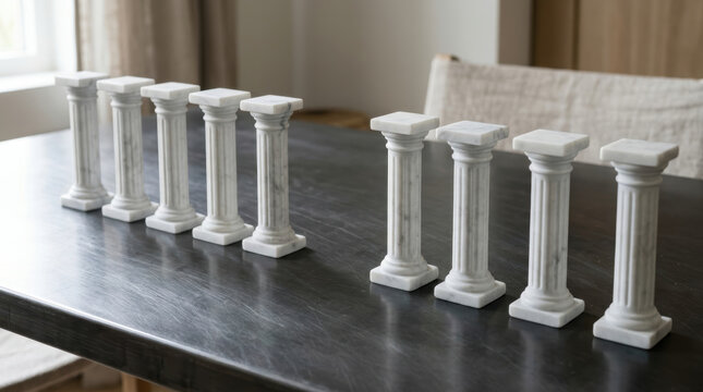 Classic white column miniature skill gap analysis showing strategic arrangement on dark table with calm indoor light and contrast