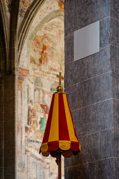 Medieval Church Interior with Striped Canopy and Fresco, Reichenau