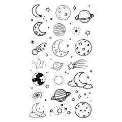 Hand drawn space element doodle set, cute planets, moon, stars, comets, and galaxy vector illustration on white background © pungky
