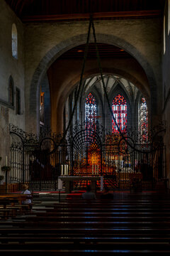 Gothic Cathedral Interior with Ornate Iron Gates and Stained Glass, Reichenau Abbey, Germany