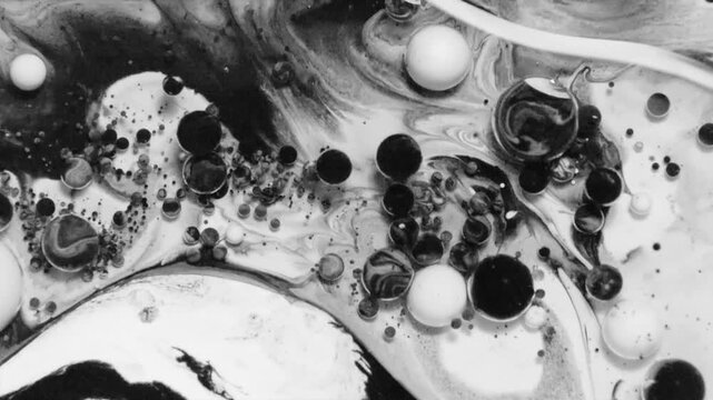 Paint, water an oil react chemically in Acrylic paint pouring footage. Represents Cells separating and reproducing, planets moving. Abstract background with morphing circles and balls. Fluid Painting.