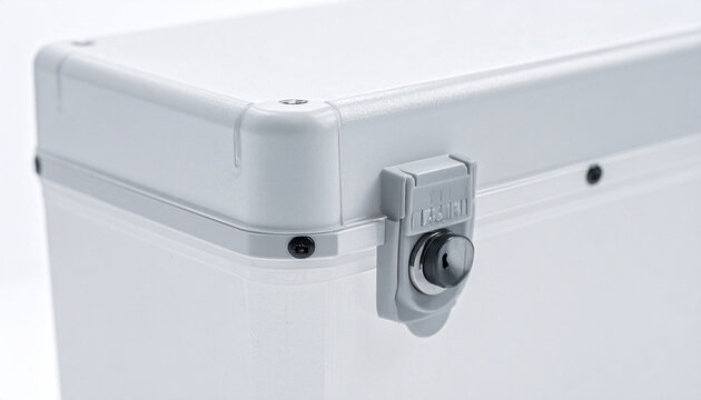 Secure Storage Container: A close-up view of a transparent plastic storage container with a grey latch and lock mechanism.