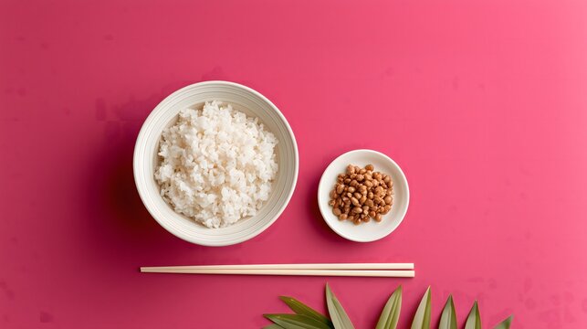 Rice, natto and chopsticks on a pink background, stylish and minimal