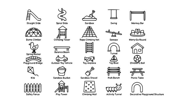 30 Children Playground Equipment and Outdoor Recreation Outline Icons