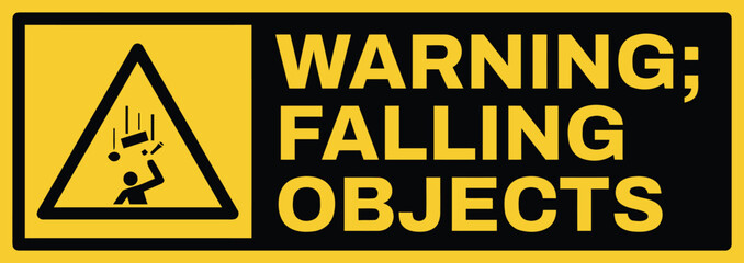 Fototapeta premium Bold industrial safety sign with yellow background and falling objects symbol, concept for hazard awareness, construction site risk prevention, workplace safety compliance poster and occupational