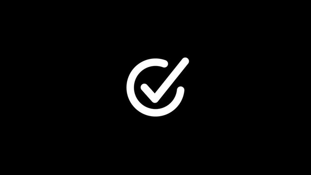 Minimalist animation of white circular progress bar transition into check mark symbol over black background representing completion success approval validation and achievement.