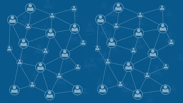 Abstract social network animation with interconnected user profile avatars connecting across digital blue background representing community growth and modern communication systems.