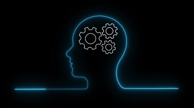 Artificial intelligence head with glowing neon outline and rotating gears on black background for digital brain and machine learning concepts in dynamic motion graphics clip.