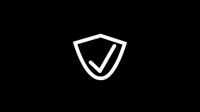 Clean animation of white shield transforming into shield with check mark symbol on black background with alpha channel seamless loop motion graphic video clip footage.