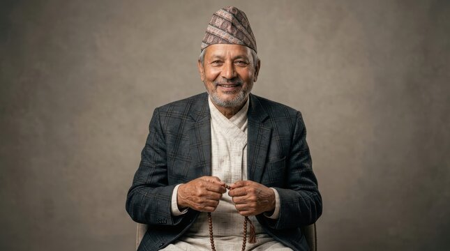 An elderly Nepali man wearing a traditional Dhaka topi and a suit, holding prayer beads and smiling gently.