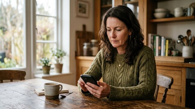 A middle-aged woman in a green sweater is focused on her smartphone while sitting at a rustic wooden kitchen table.