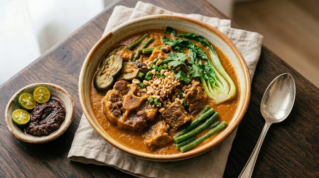 A delicious bowl of Filipino Kare-Kare, a rich oxtail stew with vegetables and peanut sauce, served with a side of bagoong.