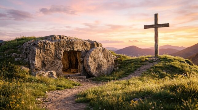 An empty tomb with its stone rolled away and a wooden cross on a hill at sunrise, representing the Christian resurrection.