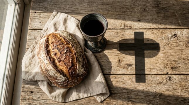 A loaf of bread and a chalice of wine on a wooden table, with the shadow of a cross cast by the sunlight.