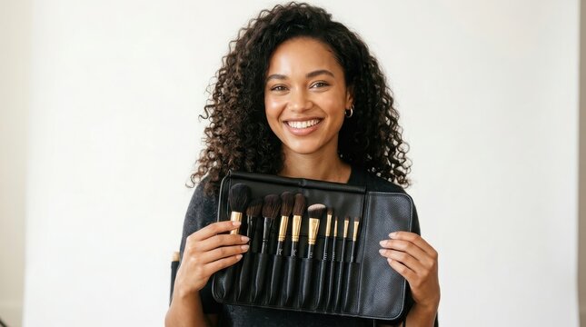A young, smiling woman with curly dark hair holds open a black case filled with makeup brushes.