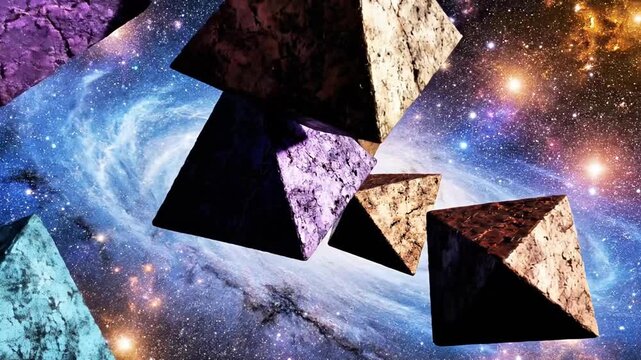Textured stone cubes and pyramids floating in galaxy.