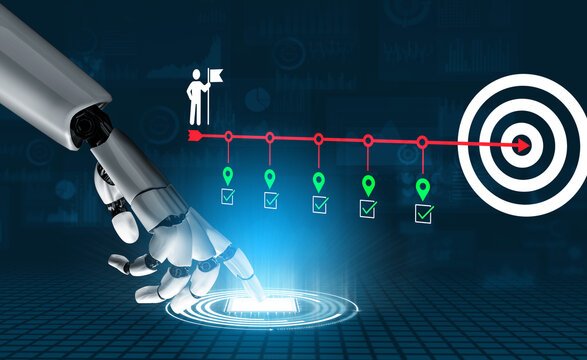 A robotic hand interacts with a target symbolizing precision and efficiency in technology. The scene highlights automation, goal achievement, and innovation in a digital landscape. Cyphers