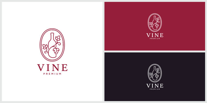 Vine wine bottle grape logo design with oval decorative border branding identity