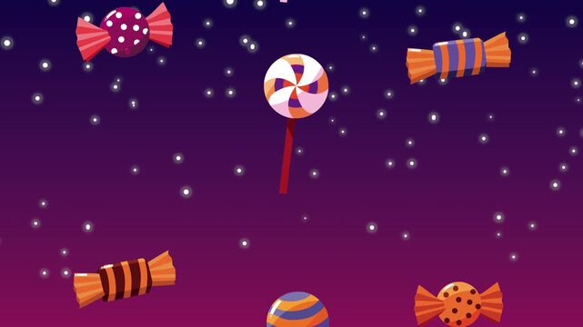 Halloween candy and lollipops falling on purple starry background with motion graphics.