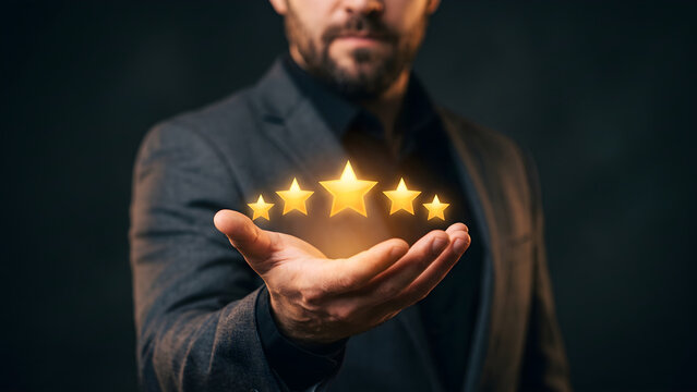Businessman holding five glowing gold stars representing customer rating and quality success