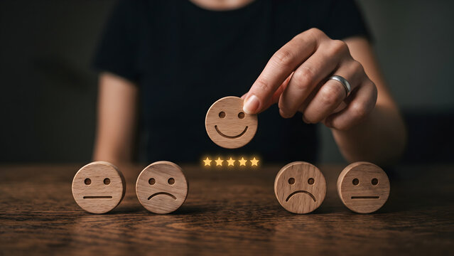 Customer feedback concept with wooden blocks showing various emotional expressions